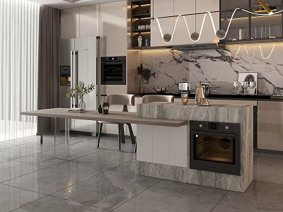Modern Kitchen Interior Design With Marble Countertop Cabinets Pendant Lights And Dining Chairs 3d model
