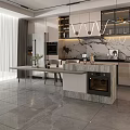Modern Kitchen Interior Design With Marble Countertop Cabinets Pendant Lights And Dining Chairs