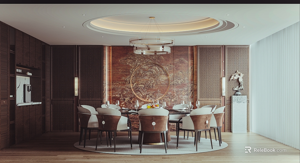Elegant Chinese Private Dining Room with Round Table Chairs Dragon Painting Chandelier and Wooden Walls 3d model 