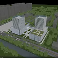 Modern Twin Office Towers With Green Roofs And Riverside Landscaped Surroundings