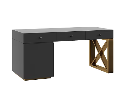 Modern Black and Gold Desk With X Shaped Legs And Three Drawers 3d model