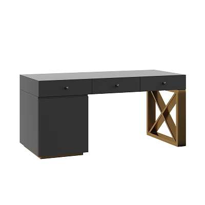 Modern Black and Gold Desk With X Shaped Legs And Three Drawers 3d model