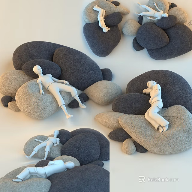 Comfortable Stone Shaped Bean Bag Chairs With Relaxing Lying Figures 3d model