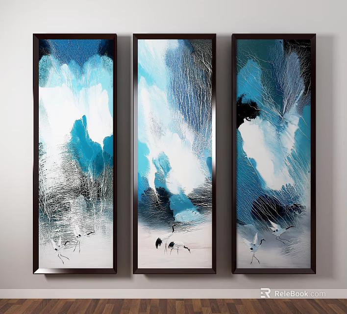Abstract Painting Triptych Vertical Blue White Black Textural Strokes With Black Cranes 3d model 