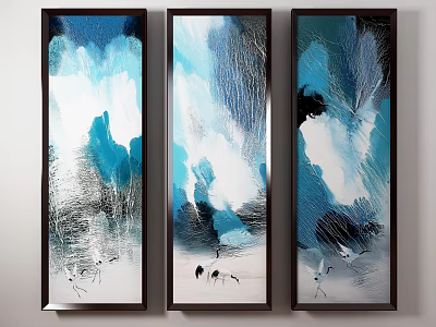 Abstract Painting Triptych Vertical Blue White Black Textural Strokes With Black Cranes 3d model