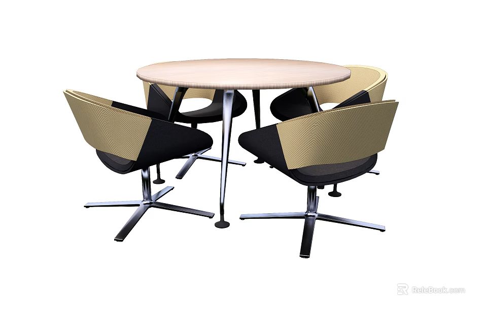 Modern Round Conference Table Featuring Light Beige Top And Black Beige Chairs With Metal Legs 3d model 