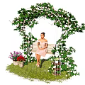 Outdoor Swing Play Equipment with Vine Covered Arch Colorful Flowers Decorative Birdcage and Green Grass