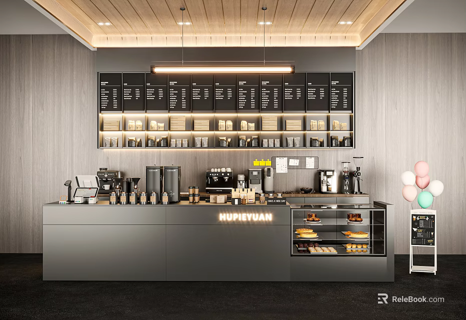 Stylish Cafe Bar Counter With Coffee Machines Cups Shelves And Dessert Display Case 3d model 