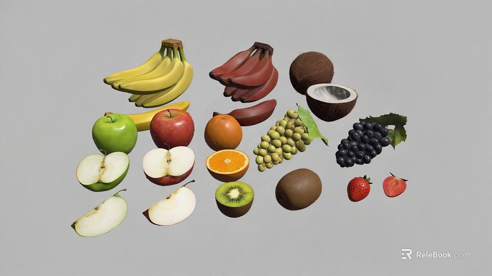 Fresh Assorted Fruits Display With Whole And Sliced Apples Oranges Bananas Grapes Kiwi And Strawberries 3d model 