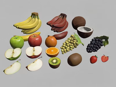 Fresh Assorted Fruits Display With Whole And Sliced Apples Oranges Bananas Grapes Kiwi And Strawberries 3d model