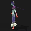 Woman With Purple Hair And Teal Skin In Purple Dress With White Decorative Bottom
