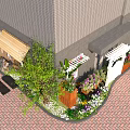 Courtyard Garden With White Pergola Picket Gate Orange Planters Purple White Flowers and Brick Pavement