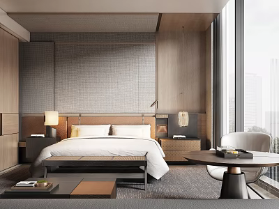 Modern Hotel Room Interior With Large Bed Wooden Elements And Floor To Ceiling Windows 3d model