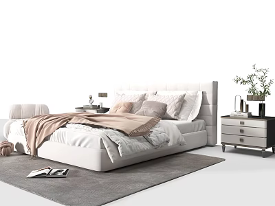 Modern Double Bed with Upholstered Headboard Pillows Blanket and Nightstand on Rug 3d model