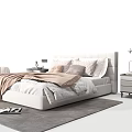 Modern Double Bed with Upholstered Headboard Pillows Blanket and Nightstand on Rug