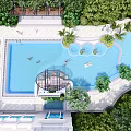 Luxury Outdoor Swimming Pool Area With Green Trees Sunshade Pavilion Lounge Chairs And Swimmers