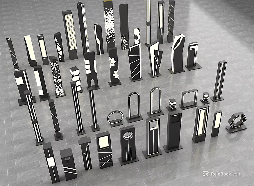 Lighting Combinations with Various Designs Different Shapes and Black White Tones Arranged on Gray Floor 3d model 