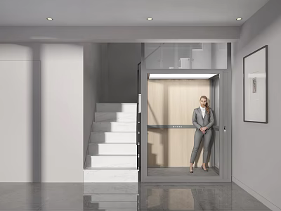 Modern Elevator Hallway With Glass Door Staircase And Professional Woman In Bright Lighting 3d model