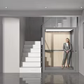Modern Elevator Hallway With Glass Door Staircase And Professional Woman In Bright Lighting