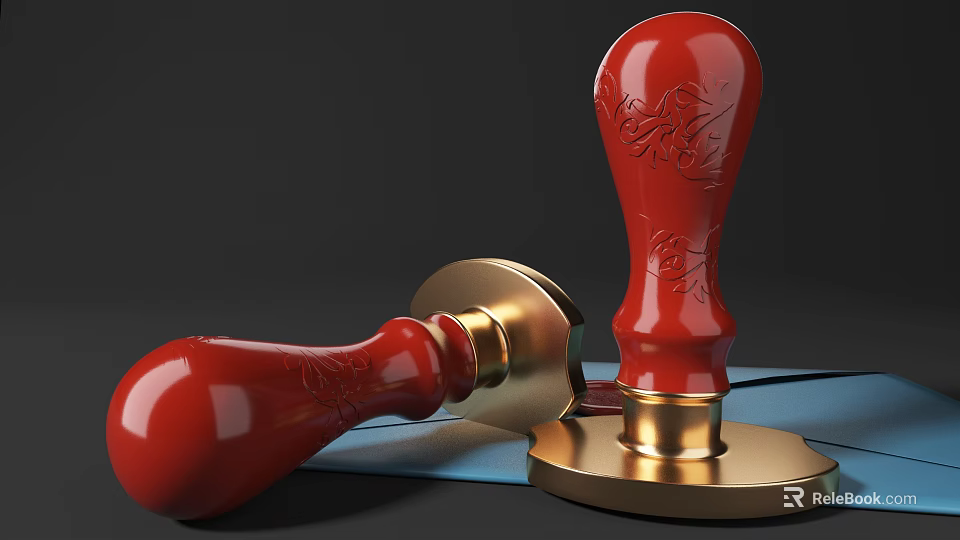 Red Seals With Intricate Carved Patterns And Golden Base On Blue Surface 3d model 