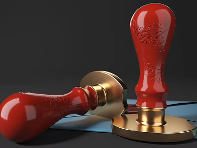 Red Seals With Intricate Carved Patterns And Golden Base On Blue Surface 3d model