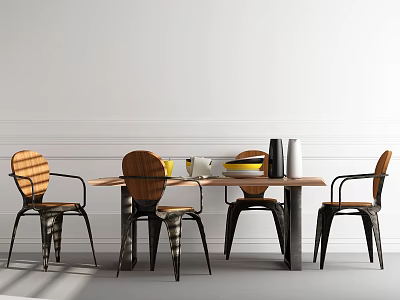 Modern Minimalist Dining Table Set With Wooden Top Metal Frame Chairs And Decorative Bowls 3d model