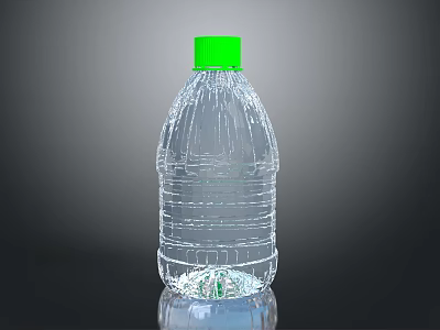 Transparent Plastic Water Bottle With Green Cap And Textured Body On Gray Background With Reflection 3d model