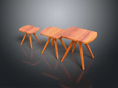 Three Wooden Stools With Curved Seats Slender Legs Wood Grain And Reflections On Dark Background 3d model