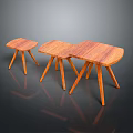Three Wooden Stools With Curved Seats Slender Legs Wood Grain And Reflections On Dark Background