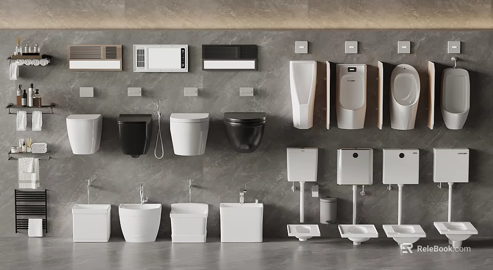 Various Black And White Bathroom Fixtures Display With Toilets Urinals And Sinks 3d model 