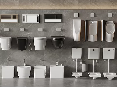 Various Black And White Bathroom Fixtures Display With Toilets Urinals And Sinks 3d model