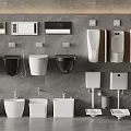 Various Black And White Bathroom Fixtures Display With Toilets Urinals And Sinks
