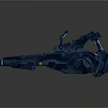 Futuristic Mechanical SciFi Weapon with Advanced Metallic Structure Detailed Components Orange Accents and Reflective Surface
