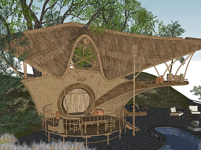 Unique Treehouse Villa with Thatched Roof Surrounded by Trees and Wooden Terrace 3d model