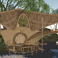 Unique Treehouse Villa with Thatched Roof Surrounded by Trees and Wooden Terrace