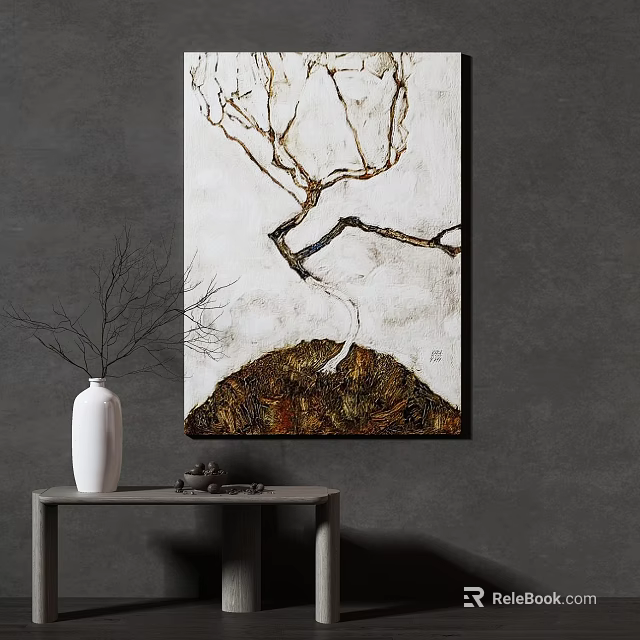 Gray Wall Art With Tree Branches And Hill Pattern Near White Vase On Table 3d model