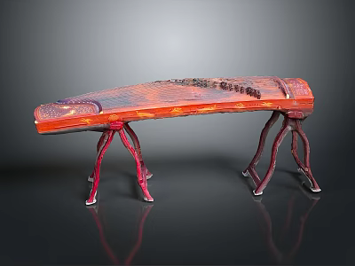 Traditional Red Stringed Musical Instrument With Orange Texture And Decorative Stand 3d model