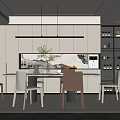 Home Dining Room Dining Table and Chair Combination Hanging Lamp Wine Cabinet Sideboard Green Plant 3d model