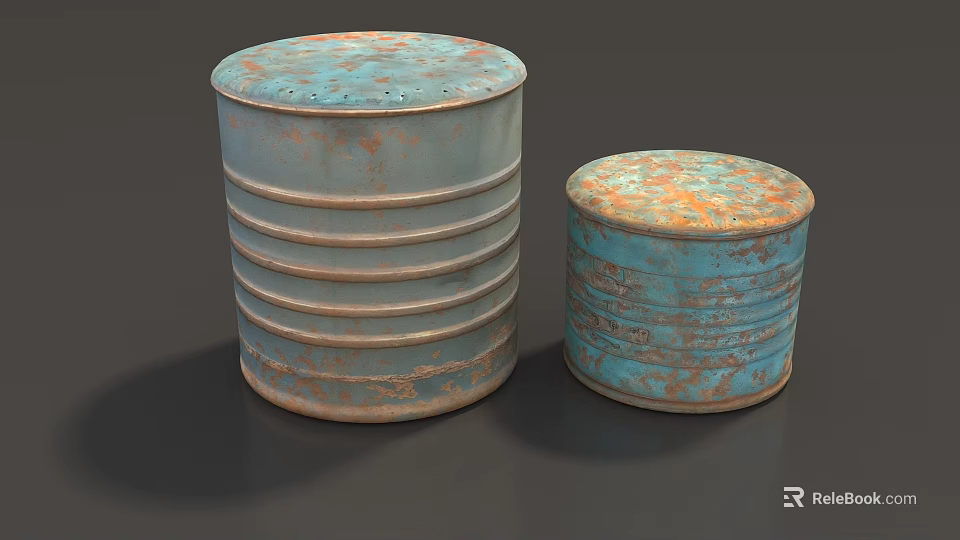 Two Rusty Blue Round Spice Jars With Horizontal Stripes And Distressed Surface Design 3d model 