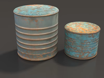 Two Rusty Blue Round Spice Jars With Horizontal Stripes And Distressed Surface Design 3d model