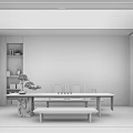 Modern Tea Room Interior With Long Table Chairs Waterfall Backdrop Wall And Display Shelves 3d model