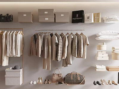 Organized Clothing Wardrobe With Hanging Garments Storage Boxes Bags And Shoes 3d model