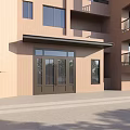 Modern Building Entrance Gate With Brown Brick Exterior Glass Doors And Balcony Railings