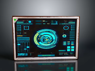 Advanced Computer Display Featuring Futuristic Interface With Neon Blue Green Lights And Circular Data Visualization 3d model