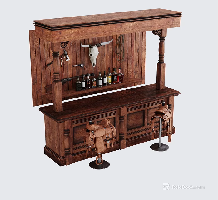 Rustic Wooden Bar Interior Featuring Bull Skull Decoration Cowboy Saddle And Bottles 3d model 