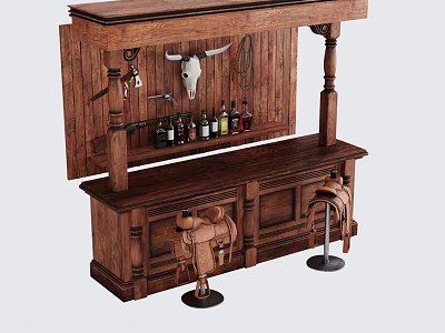 Rustic Wooden Bar Interior Featuring Bull Skull Decoration Cowboy Saddle And Bottles 3d model