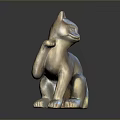 3D Rendered Metallic Cat Sculpture Sitting With Raised Front Paw And Dark Background Reflection