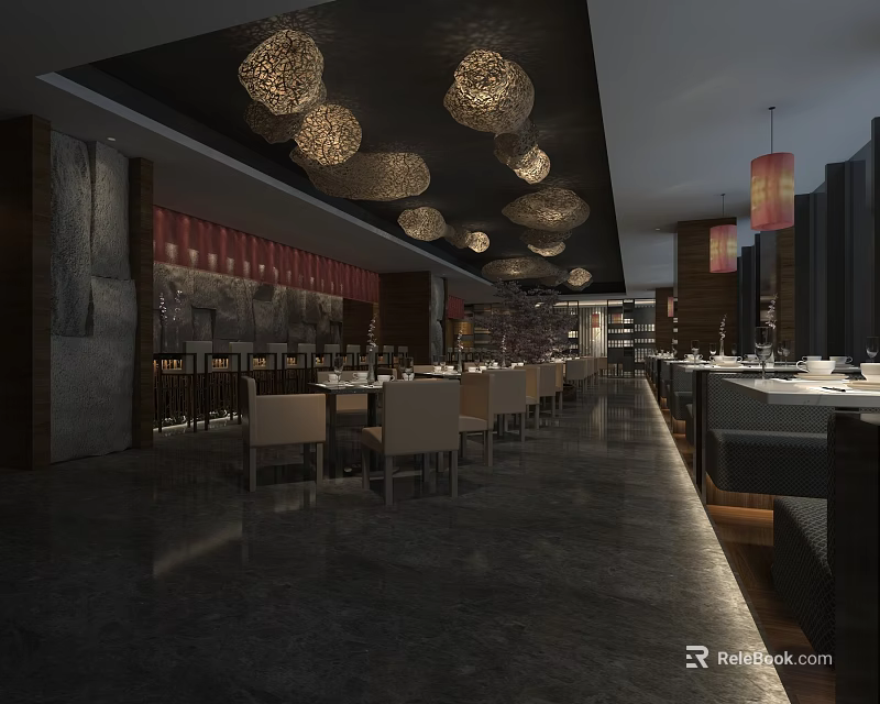 Modern Restaurant Interior Design With Round Pendant Lights Red Decor And Dining Seating 3d model 