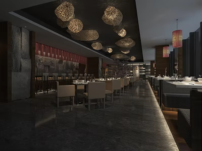 Modern Restaurant Interior Design With Round Pendant Lights Red Decor And Dining Seating 3d model
