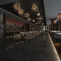 Modern Restaurant Interior Design With Round Pendant Lights Red Decor And Dining Seating